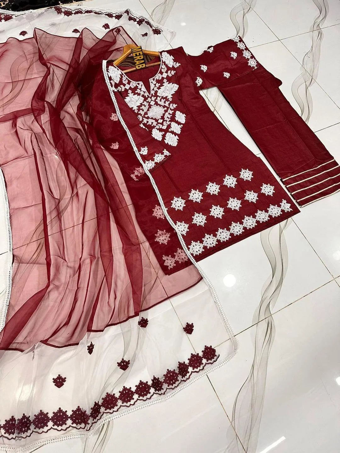 Heavy Embroidered Red Shirt with Lace Dupatta & Flapper Set