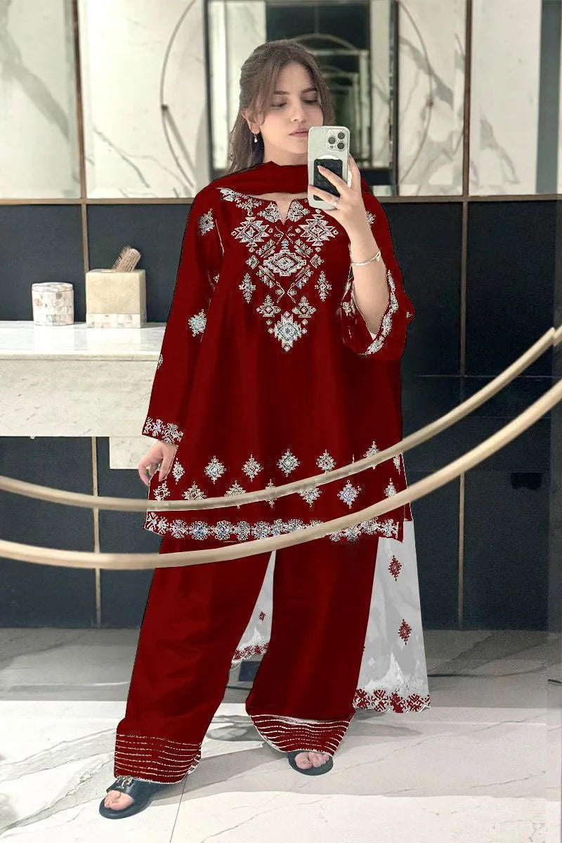 Heavy Embroidered Red Shirt with Lace Dupatta & Flapper Set