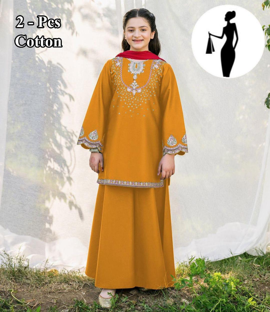 Girls Cotton Embroidered Kurta Set Mustard 2Pcs