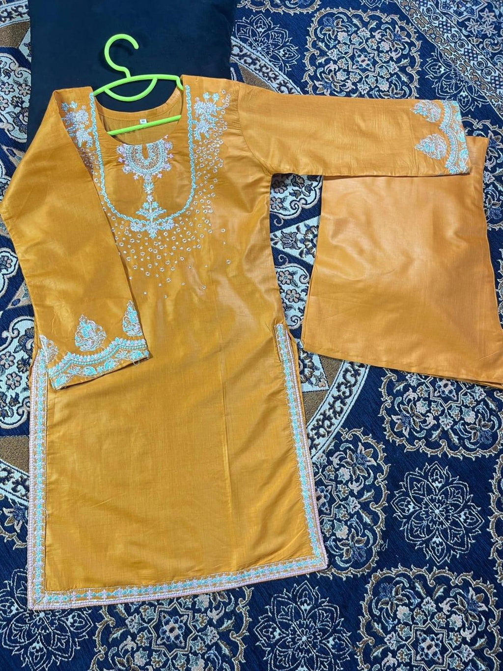 Girls Cotton Embroidered Kurta Set Mustard 2Pcs