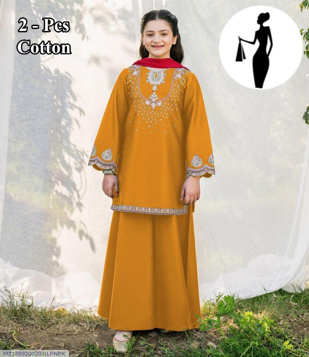 Girls Cotton Embroidered Kurta Set Mustard 2Pcs