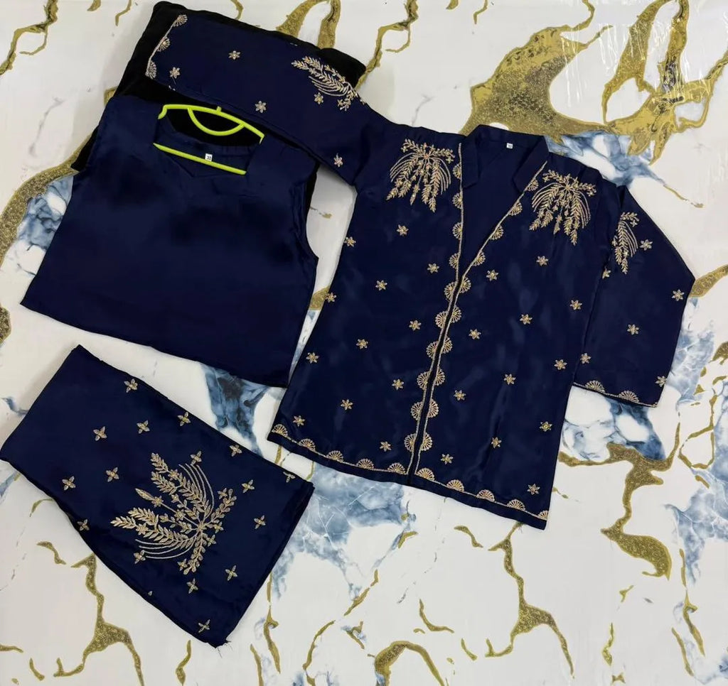 Blue Embroidered Shamoz Silk 2-Piece Set for Girls 5-12Yrs