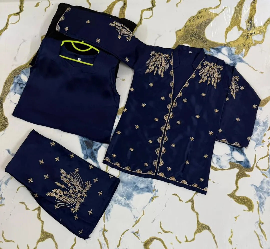 Blue Embroidered Shamoz Silk 2-Piece Set for Girls 5-12Yrs