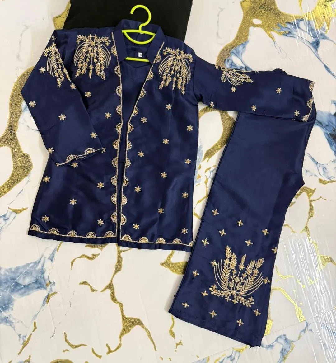 Blue Embroidered Shamoz Silk 2-Piece Set for Girls 5-12Yrs