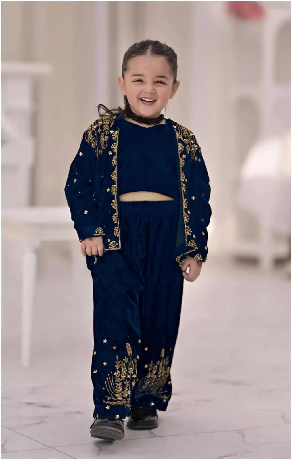 Blue Embroidered Shamoz Silk 2-Piece Set for Girls 5-12Yrs