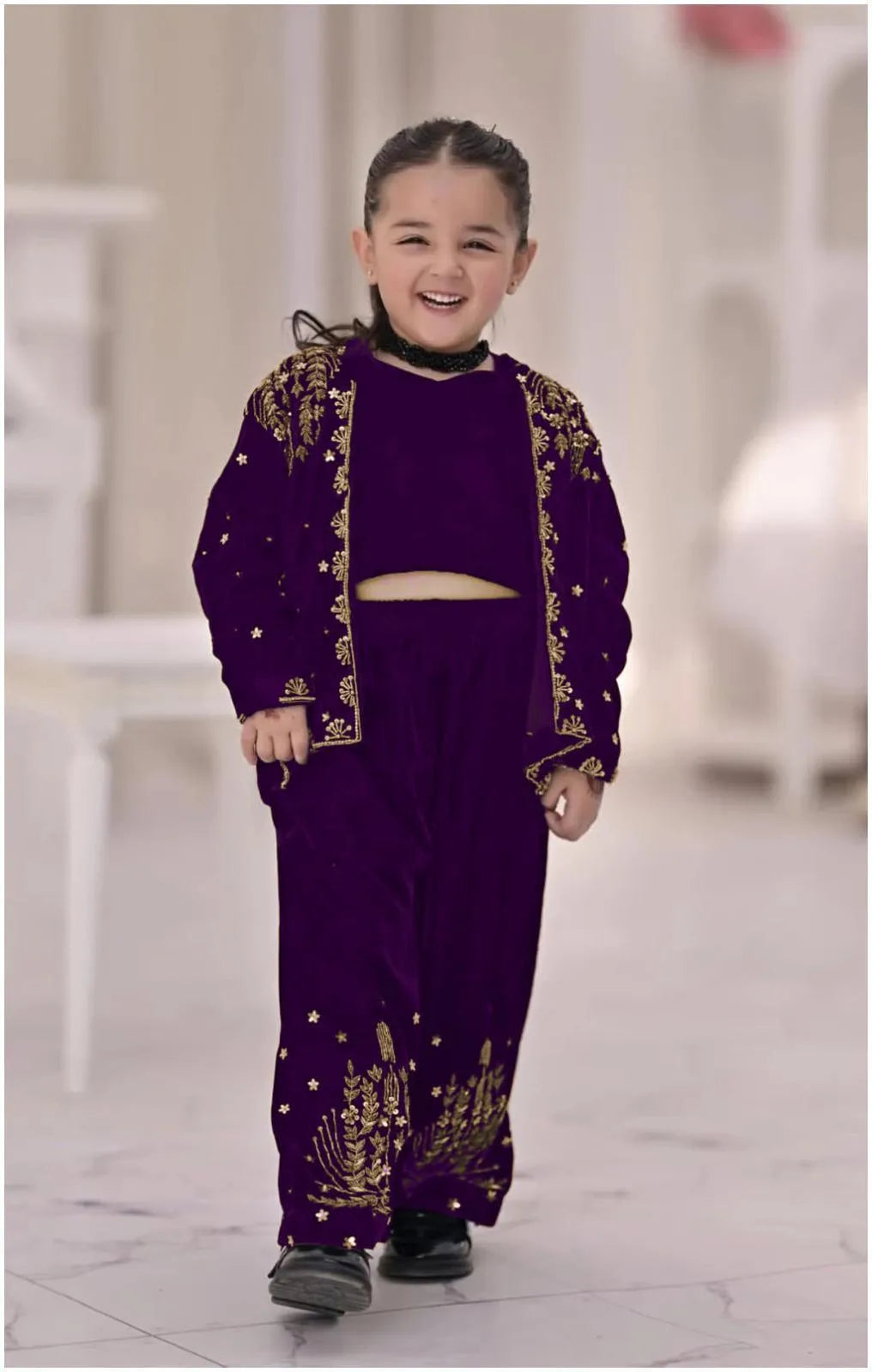 Blue Embroidered Shamoz Silk 2-Piece Set for Girls 5-12Yrs