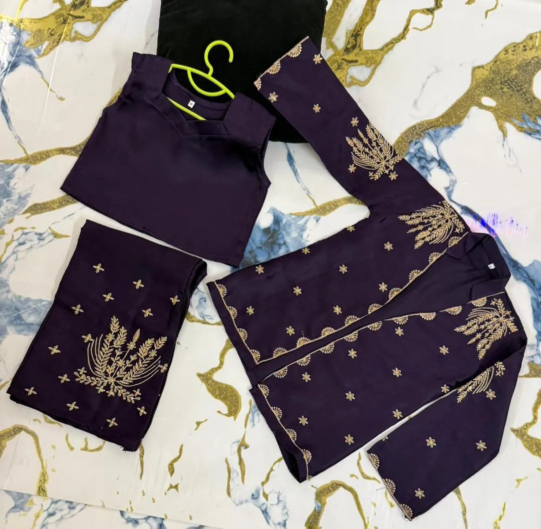 Blue Embroidered Shamoz Silk 2-Piece Set for Girls 5-12Yrs