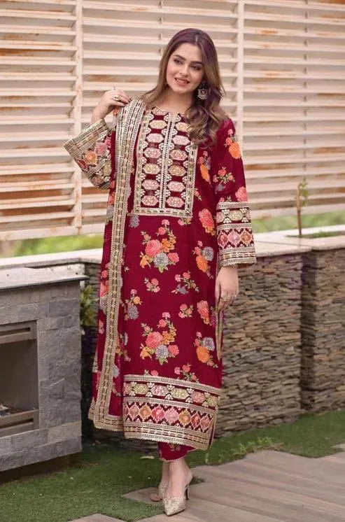 Maroon Lawn Suit with Embroidered Design for Women