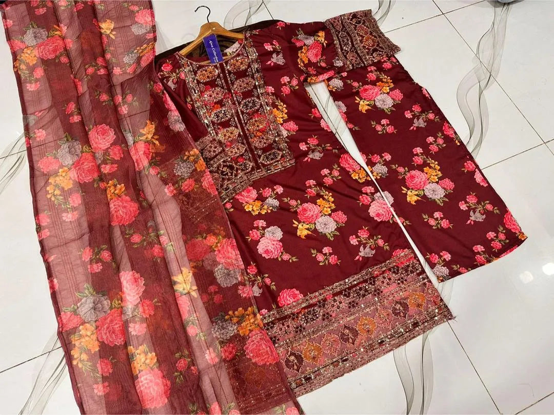 Maroon Lawn Suit with Embroidered Design for Women