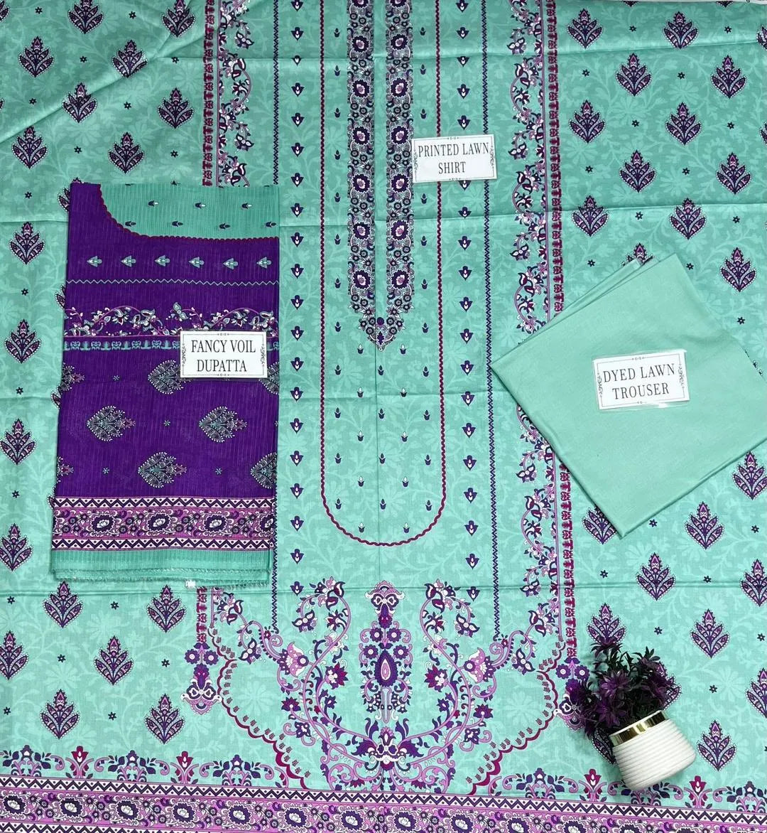 Purple Printed Lawn 3Pcs Set for Women