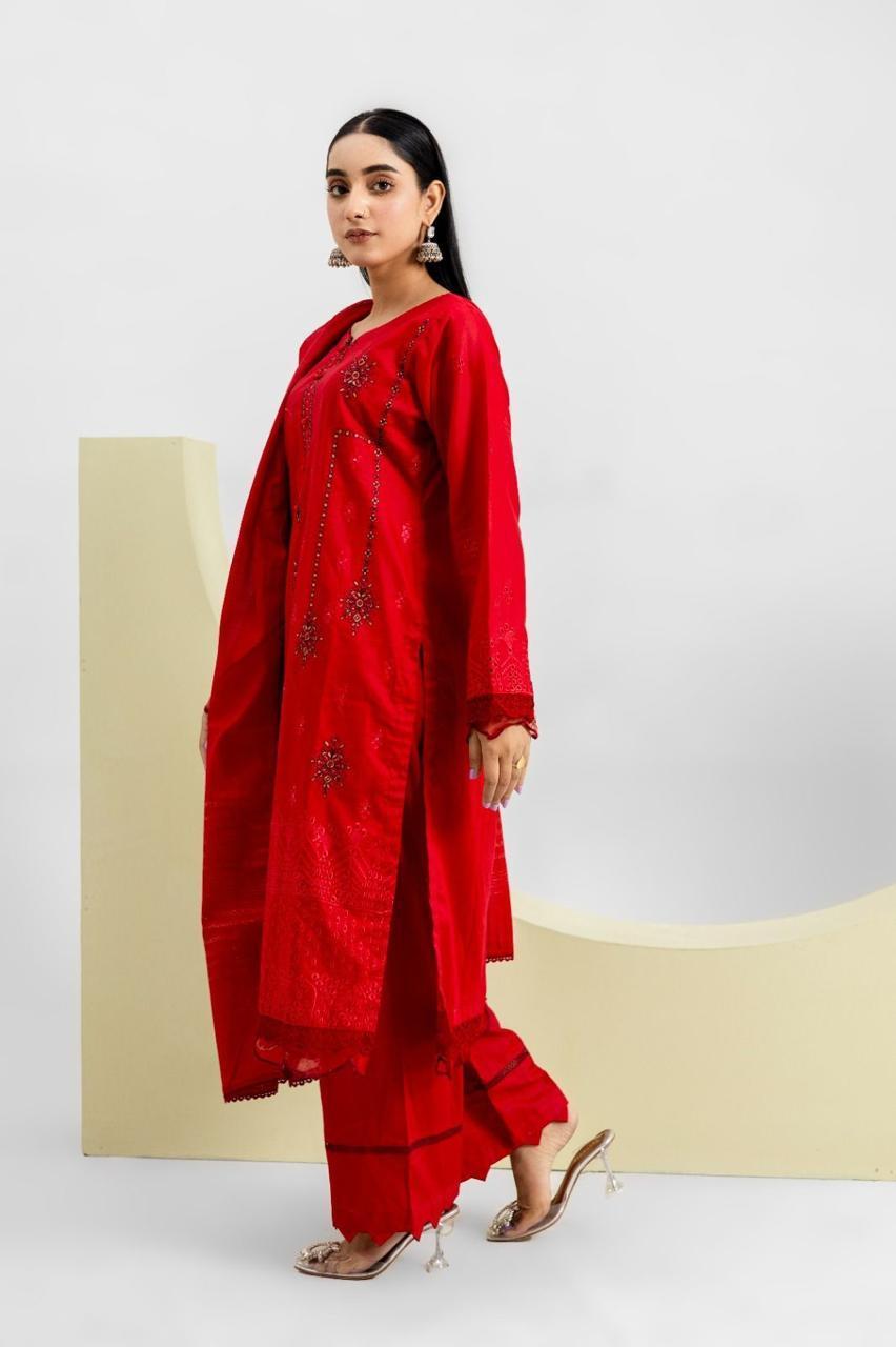Red Lawn 3-Piece Suit for Women with Embroidery