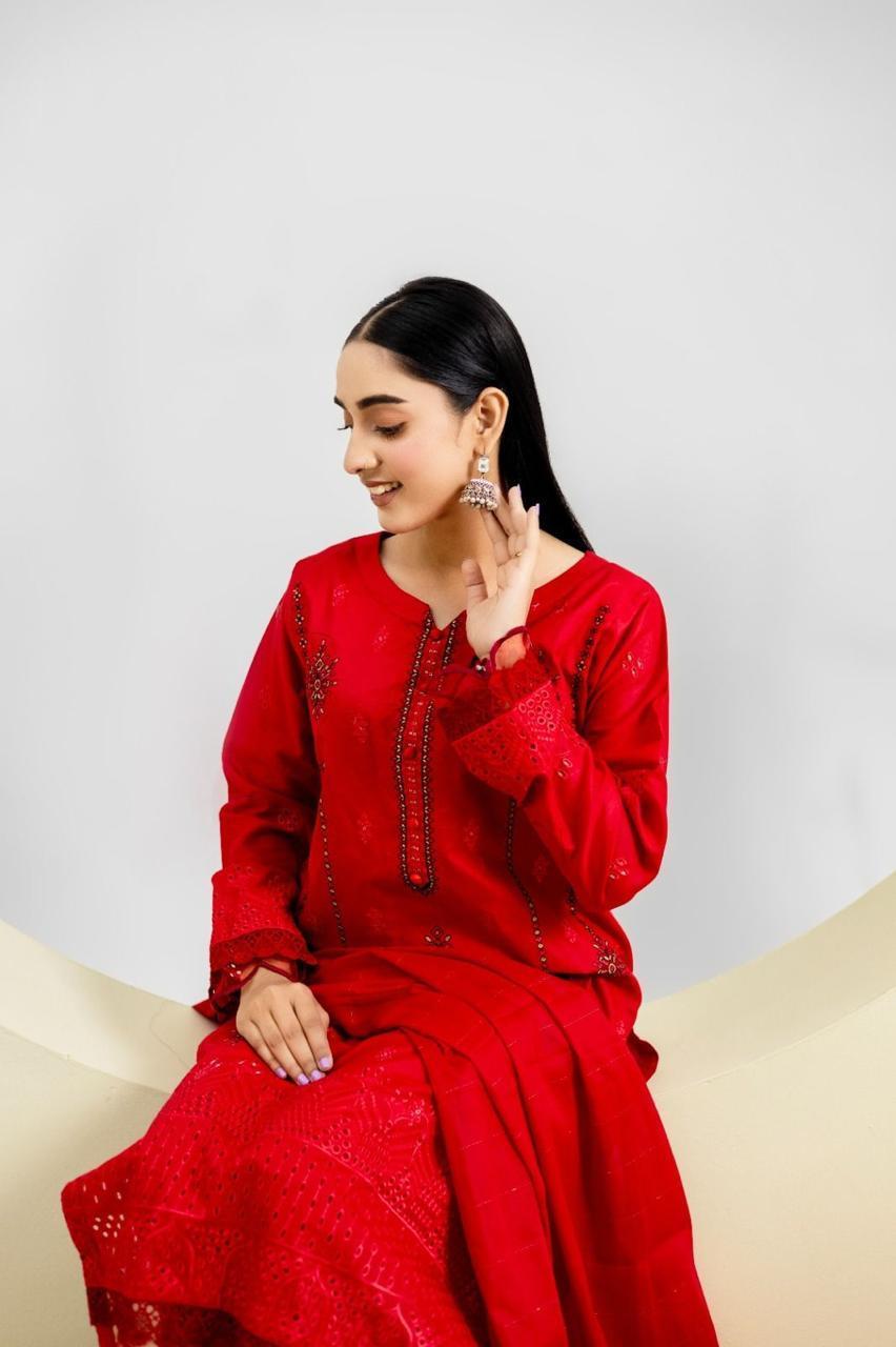 Red Lawn 3-Piece Suit for Women with Embroidery