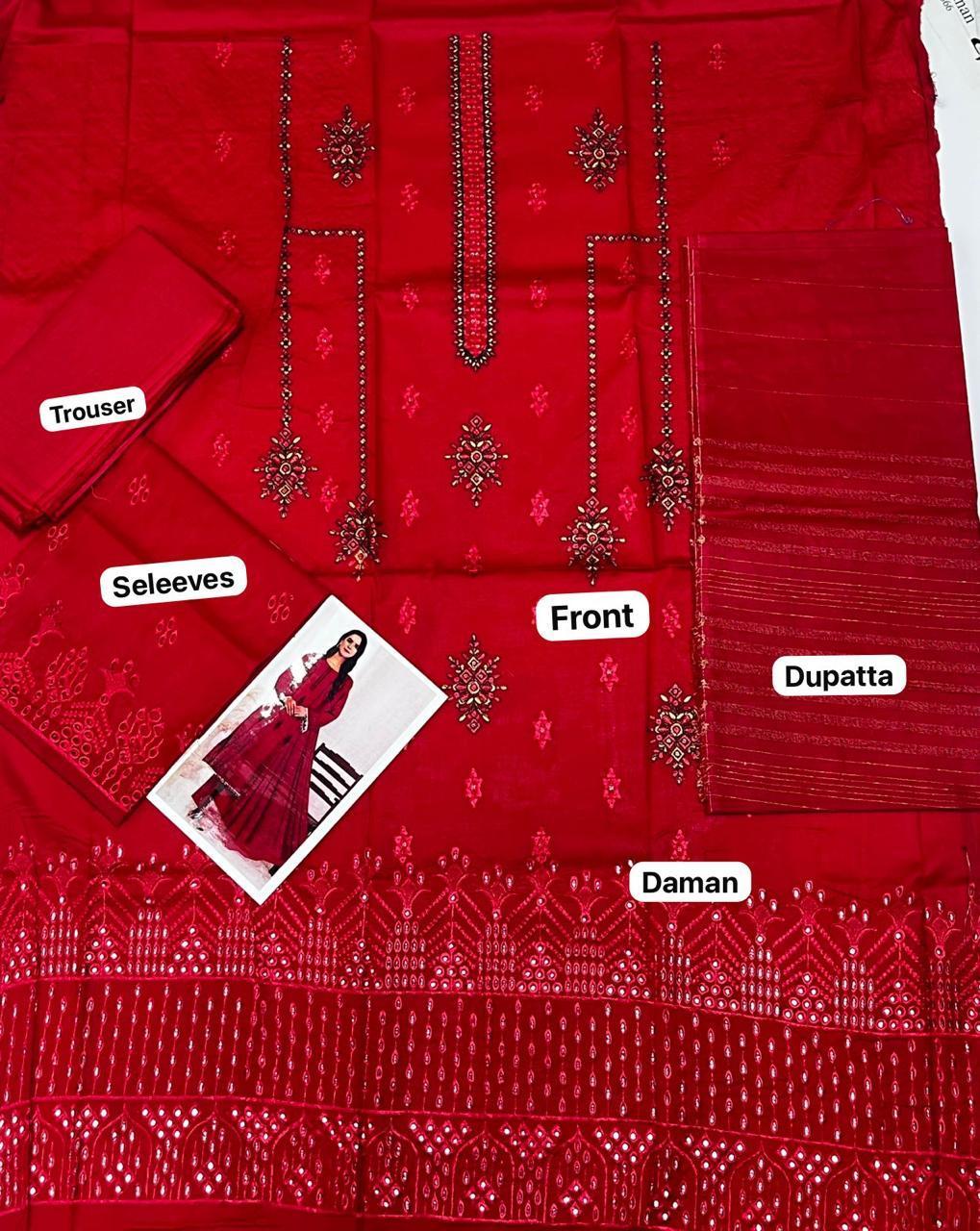 Red Lawn 3-Piece Suit for Women with Embroidery