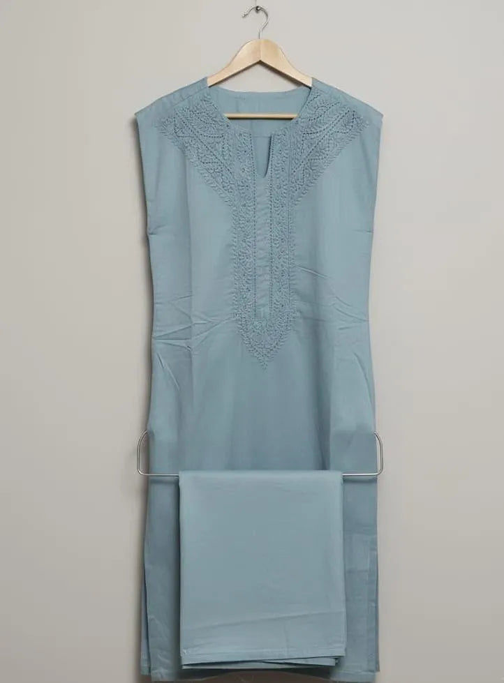 Unstitched Cotton Suit Grey Embroidered for Eid