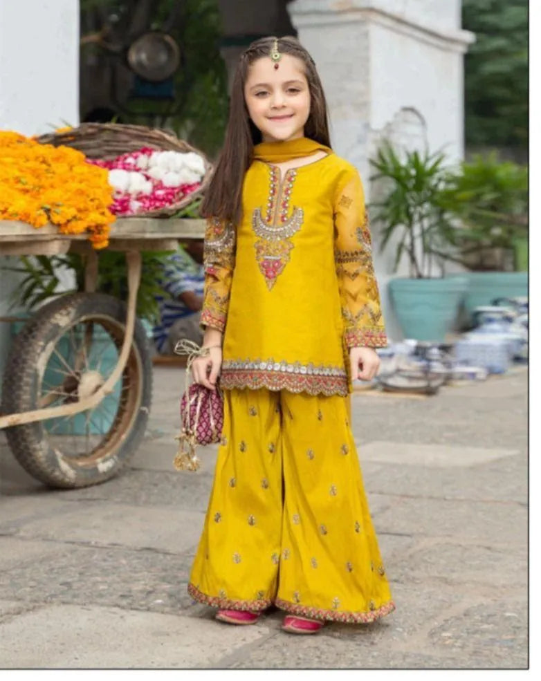 Yellow Embroidered Kurta Shalwar Set for Girls 8-10 Yrs
