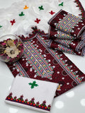 Maroon Embroidered 3-Piece Cotton Suit for Women