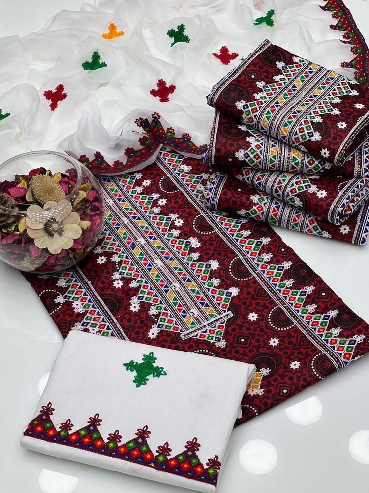 Maroon Embroidered 3-Piece Cotton Suit for Women