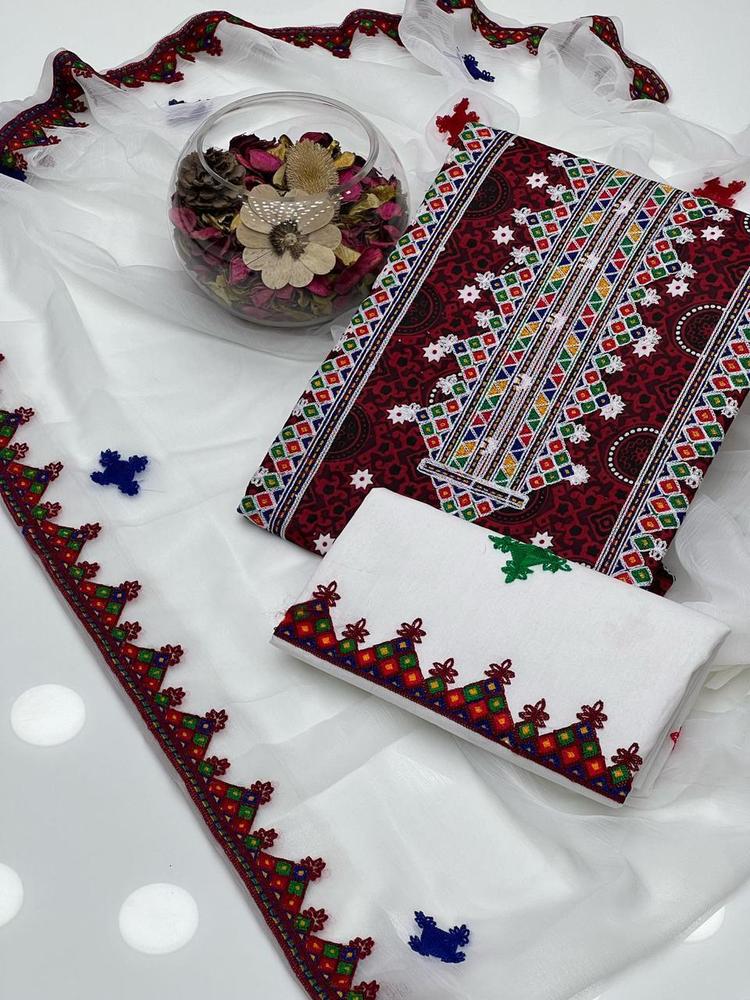 Maroon Embroidered 3-Piece Cotton Suit for Women