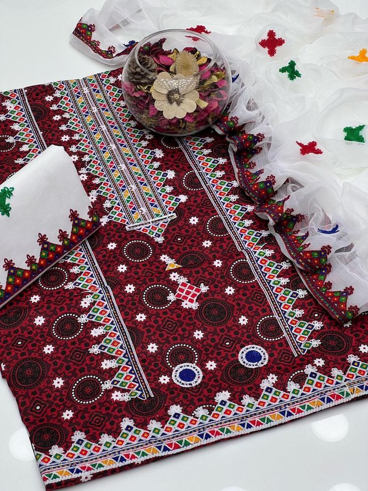 Maroon Embroidered 3-Piece Cotton Suit for Women