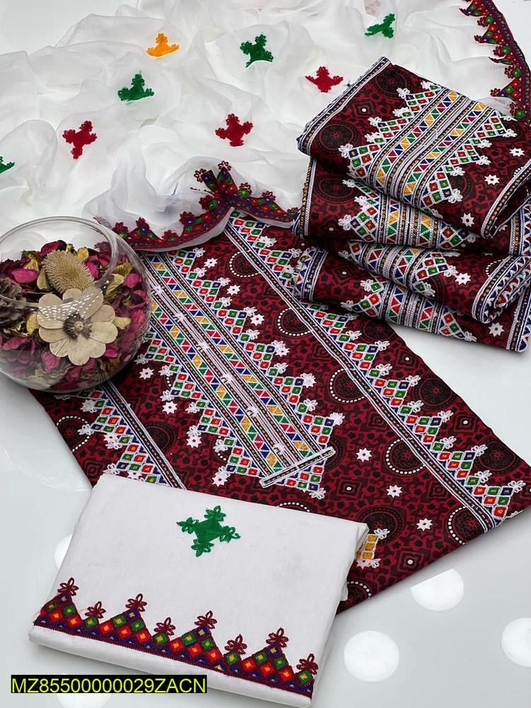 Maroon Embroidered 3-Piece Cotton Suit for Women