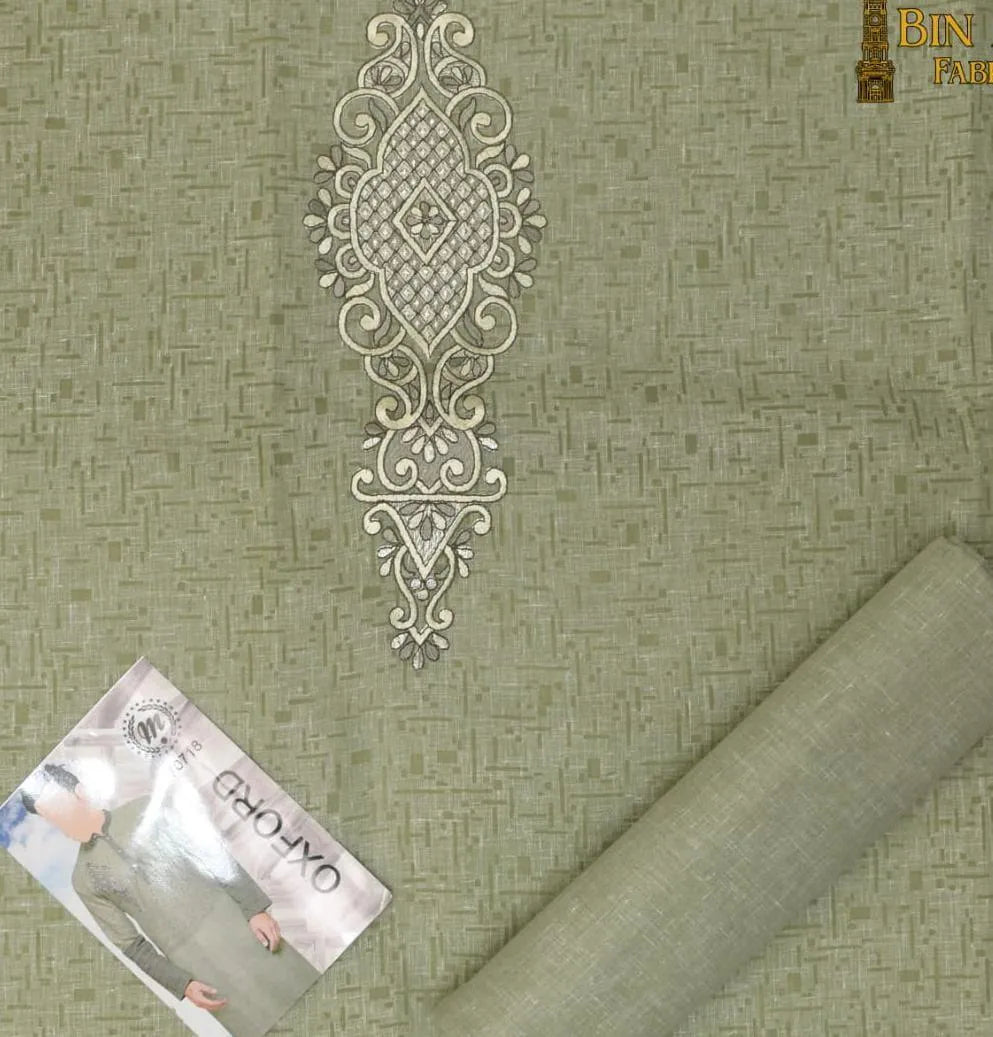Unstitched Cotton Kurta Suit Silver Embroidery for Men