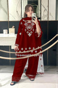 Heavy Embroidered Red Shirt with Lace Dupatta & Flapper Set