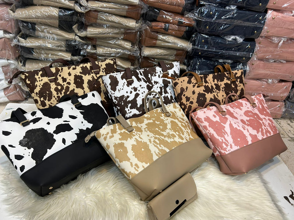2 Pcs Premium Cow Print Tote Bag Set for Women – Stylish Shoulder Handbag with Matching Pouch