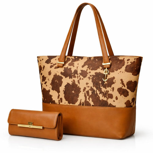 2 Pcs Premium Cow Print Tote Bag Set for Women – Stylish Shoulder Handbag with Matching Pouch